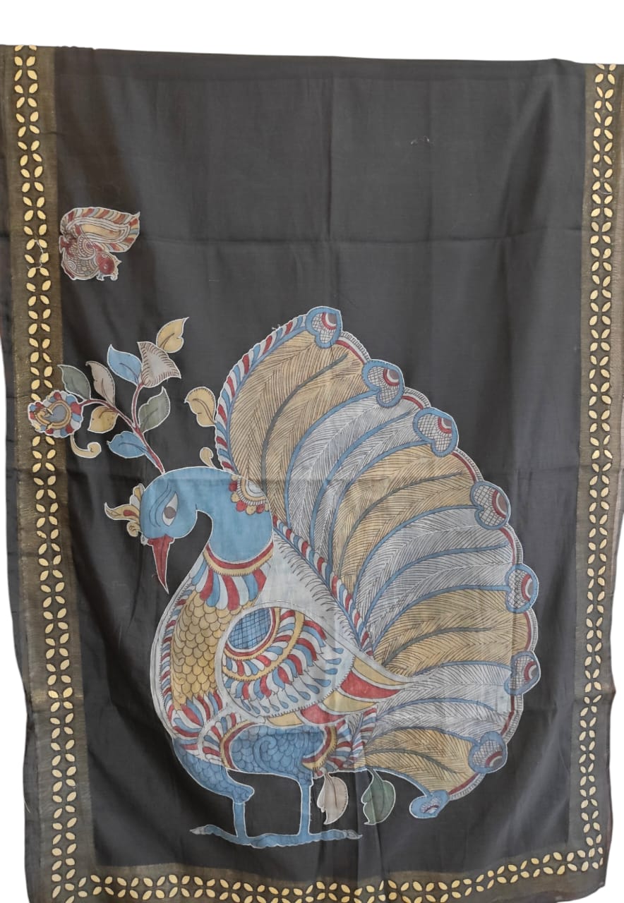 Exquisite Chanderi Saree with Pen Kalamkari and Barmer Work